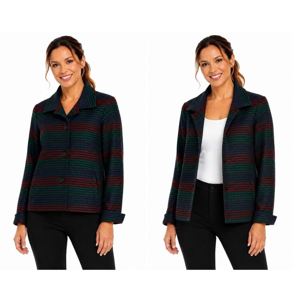 Nina Mclemore Virgin Wool Striped Blazer Jacket Size 10 Red Black Green Button